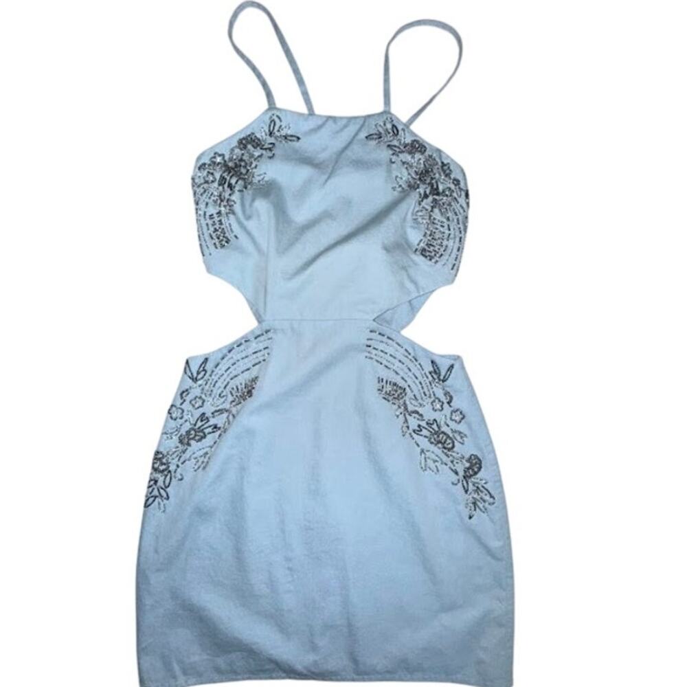 Song of Style Womens XS Felicia Blue Mini Dress Formal Beads Sequin Pearl Cutout